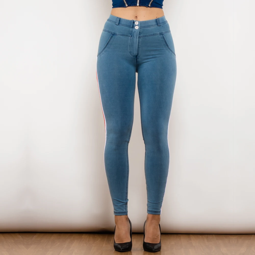 Shascullfites Melody Jeans elasticizzati slim fit Leggings per il sollevamento del sedere da donna azzurri con dettaglio a strisce Jeggings alla moda
