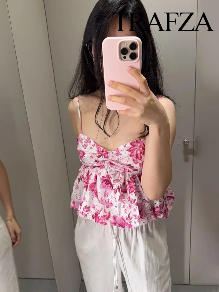 

TRAFZA Women Summer Sweet Hollow Embroidered Print V Neck Sleeveless Top Female Sexy Elegant Pleated Adjustable Sling Sling Top
