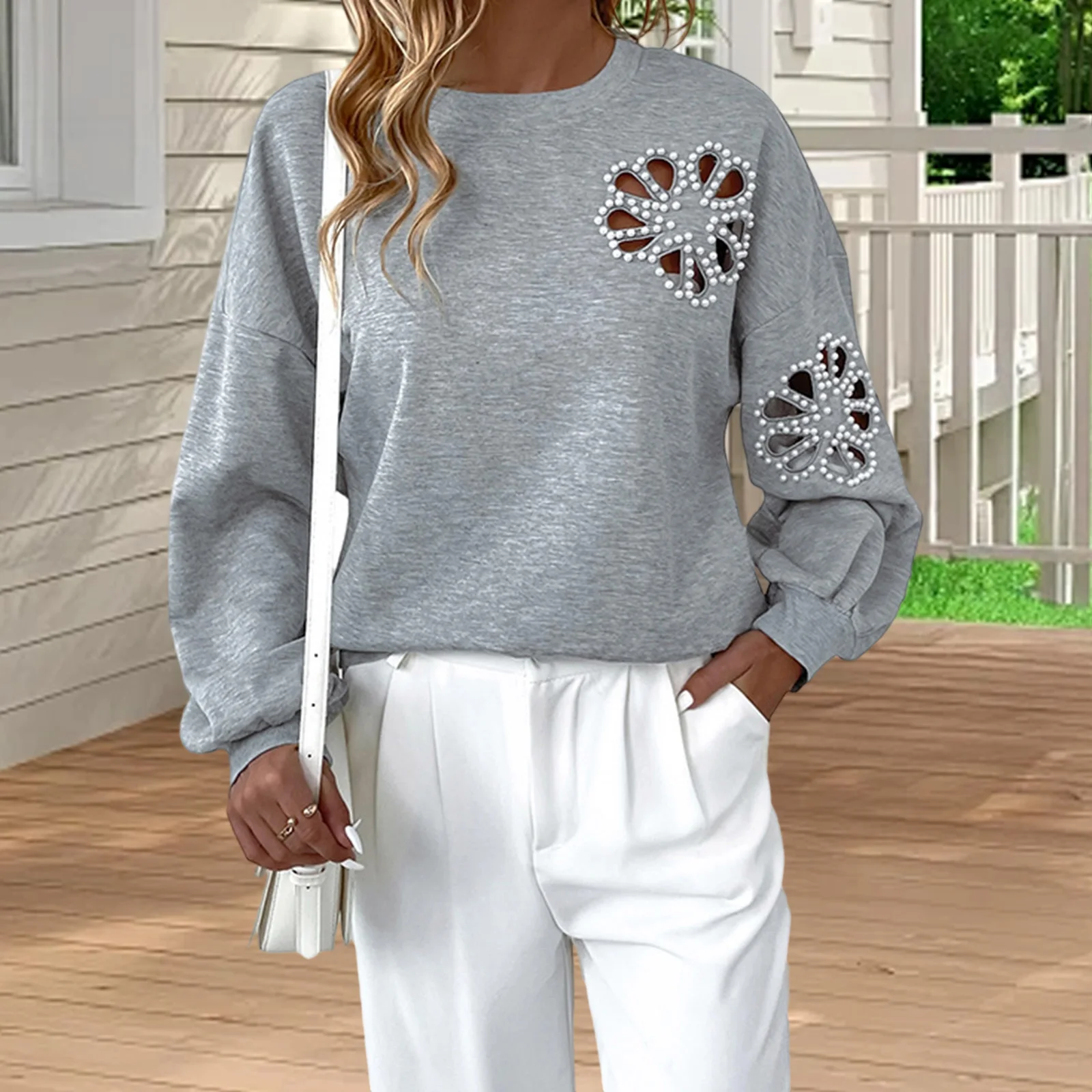 여성용 진주 스웨트셔츠 패셔너블 캐주얼 라운드 넥 꽃무늬 긴 소매 루즈 탑