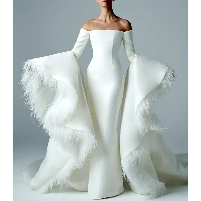 Exquisite White Evening Dress Feathers Long Sleeve Floor Lemgth Straight Elegant Gown Sweep Train Vestidos De Noche 2024 Tailor