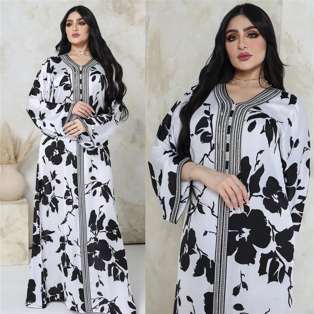 

Balck White Print Moroccan Kaftan Women Muslim Maxi Dress 2024 Eid Mubarak Ramadan Jalabiya Dubai Abaya Islamic Clothing Gown