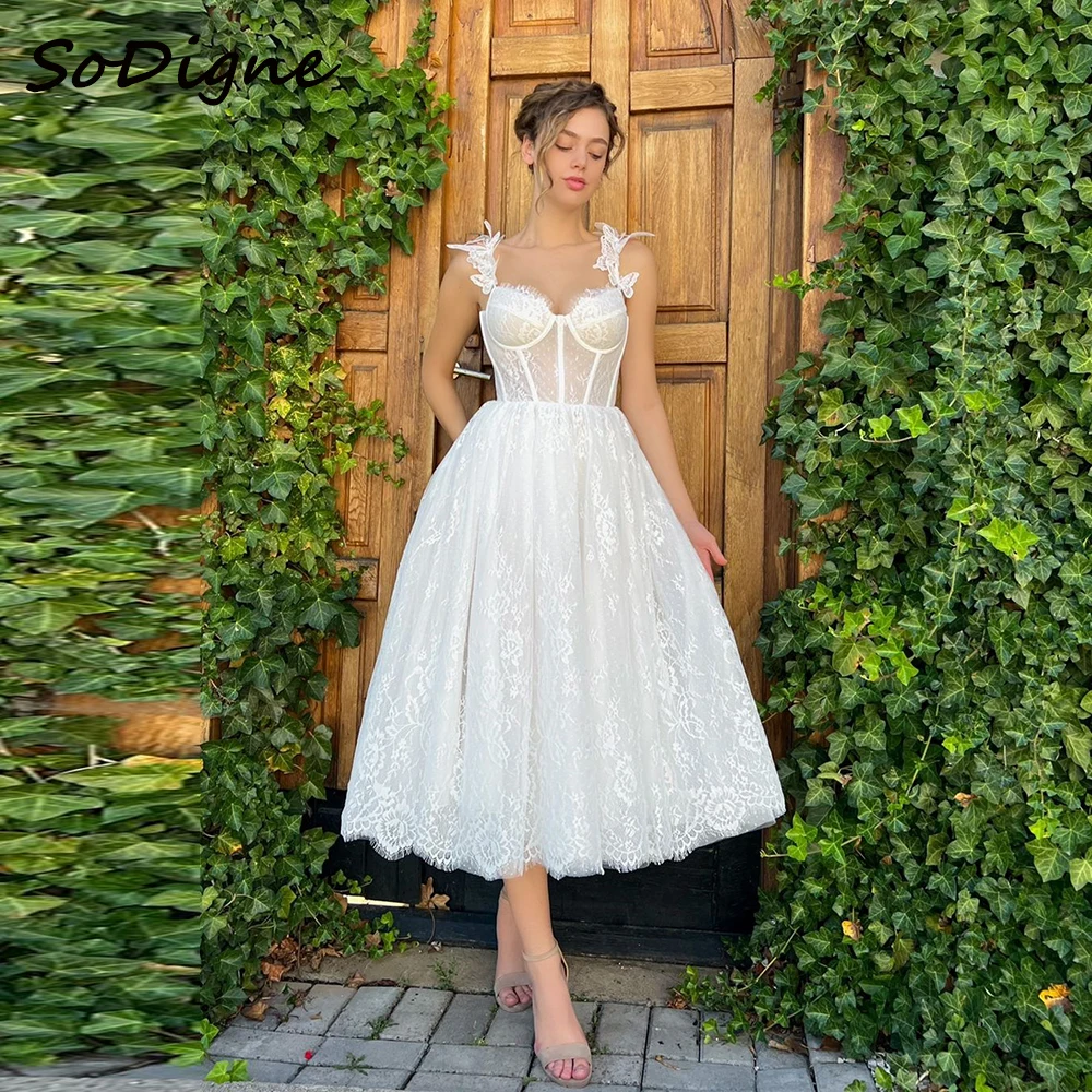 SoDigne A-line Lace Wedding Dresses Sweetheart Spaghetti Strap Bridal Dress Tea-Length Wedding Gown Robe De Mairee ﻿Customized