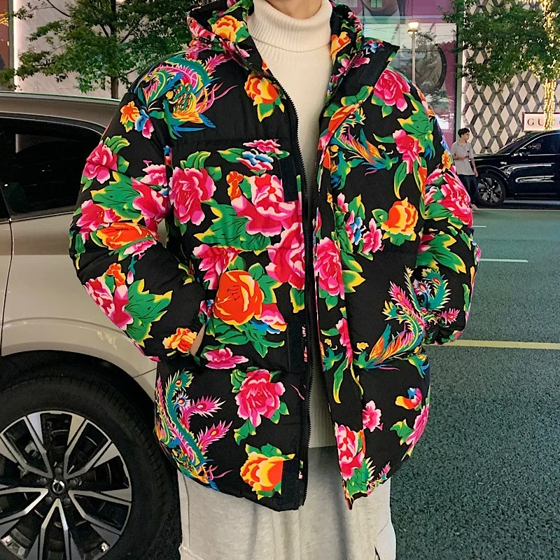 Fashion Parkas Male Thick Winter Overcoat Men's Floral Jacket Hat Warm 2024 Chinese Flower Windproof Business Hombre M-XXXXXL