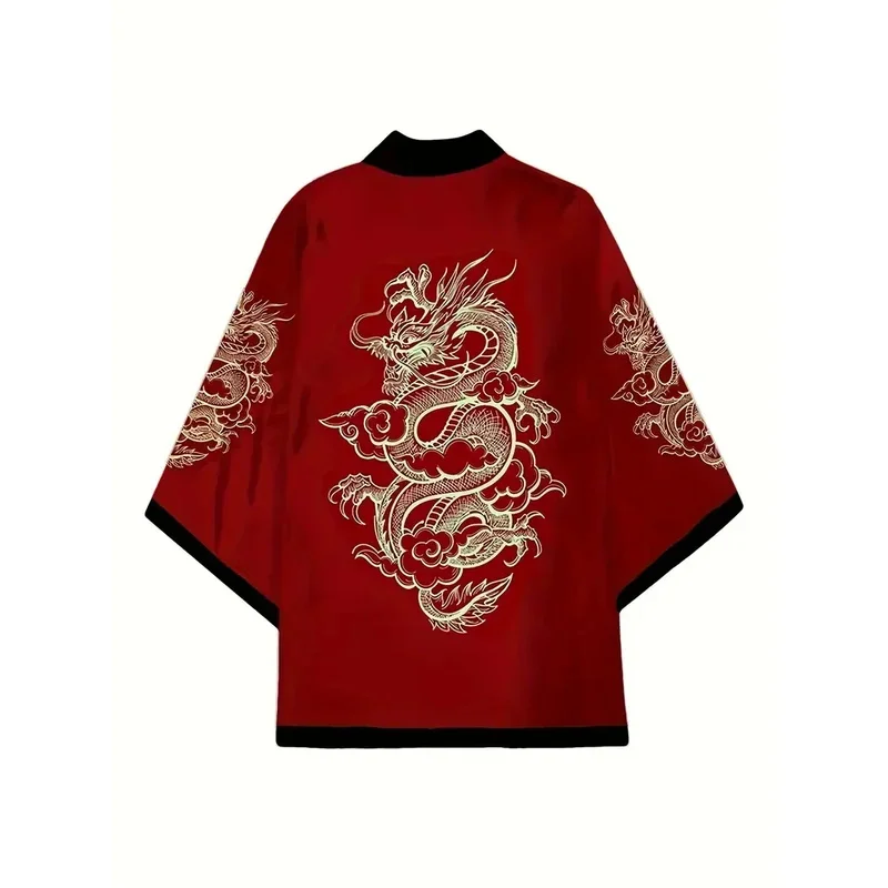 Japanese Kimono Dragon Graphic Print Cosplay Haori Yukata Top Adult Traditional Samurai Loose Kimono Cardigan for Men Women
