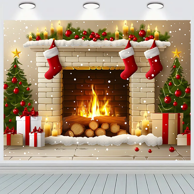 

New Year Christmas Day Festival Photography Backdrop Fireplace Living Room Gift Holiday Flowers Hall Wedding Background RS-28