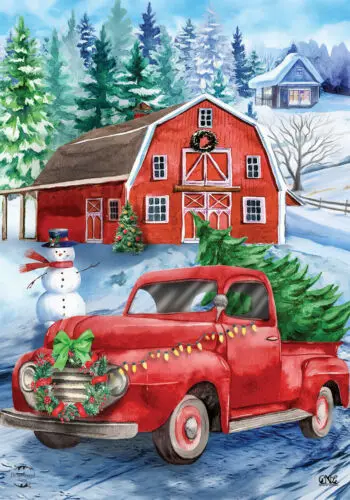 BRIARWOOD PICKING UP THE TREE FARM BARN TRUCK SNOWMAN CHRISTMAS LARGE YARD FLAG