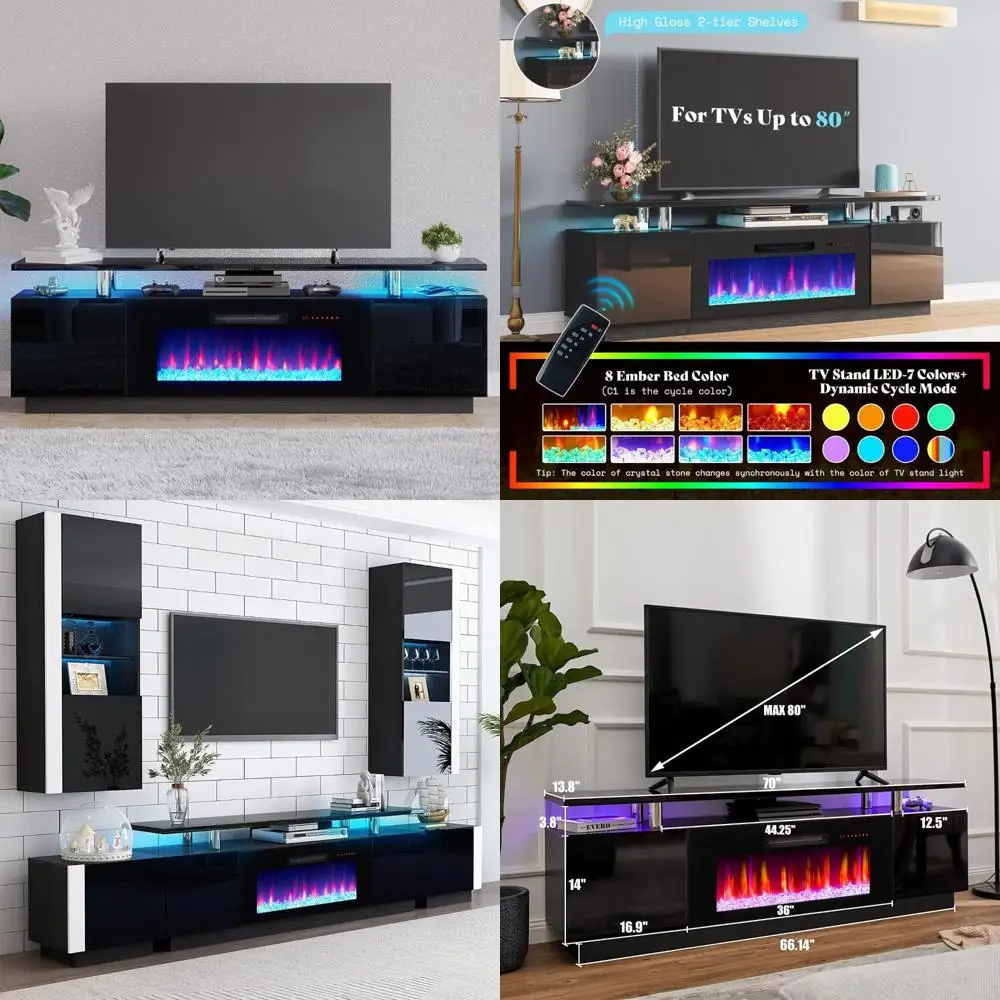 

Fireplace TV Stand with 36-Inch Fireplace, 70-Inch Modern High Gloss Entertainment Center, LED Lights, 2-Tier TV Console