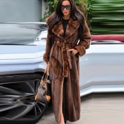 Women 100% Real Mink Fur Coat Hooded Trench winter Warm Overcoat Long Jacket 120cm luxurious authentic outwear for lady female