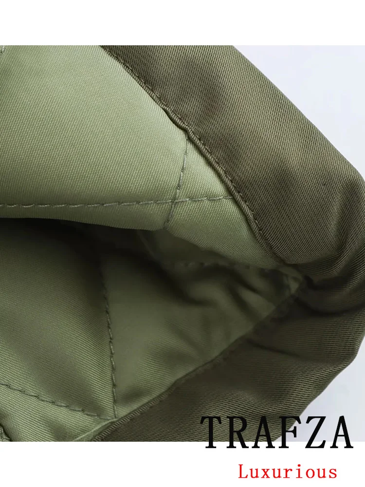 TRAFZA Casual Vintage Women Patchwork Oversized Jackets Turn-down Collar Pockets Zipper Thick Coats New Fashion 2024 Winter Coat