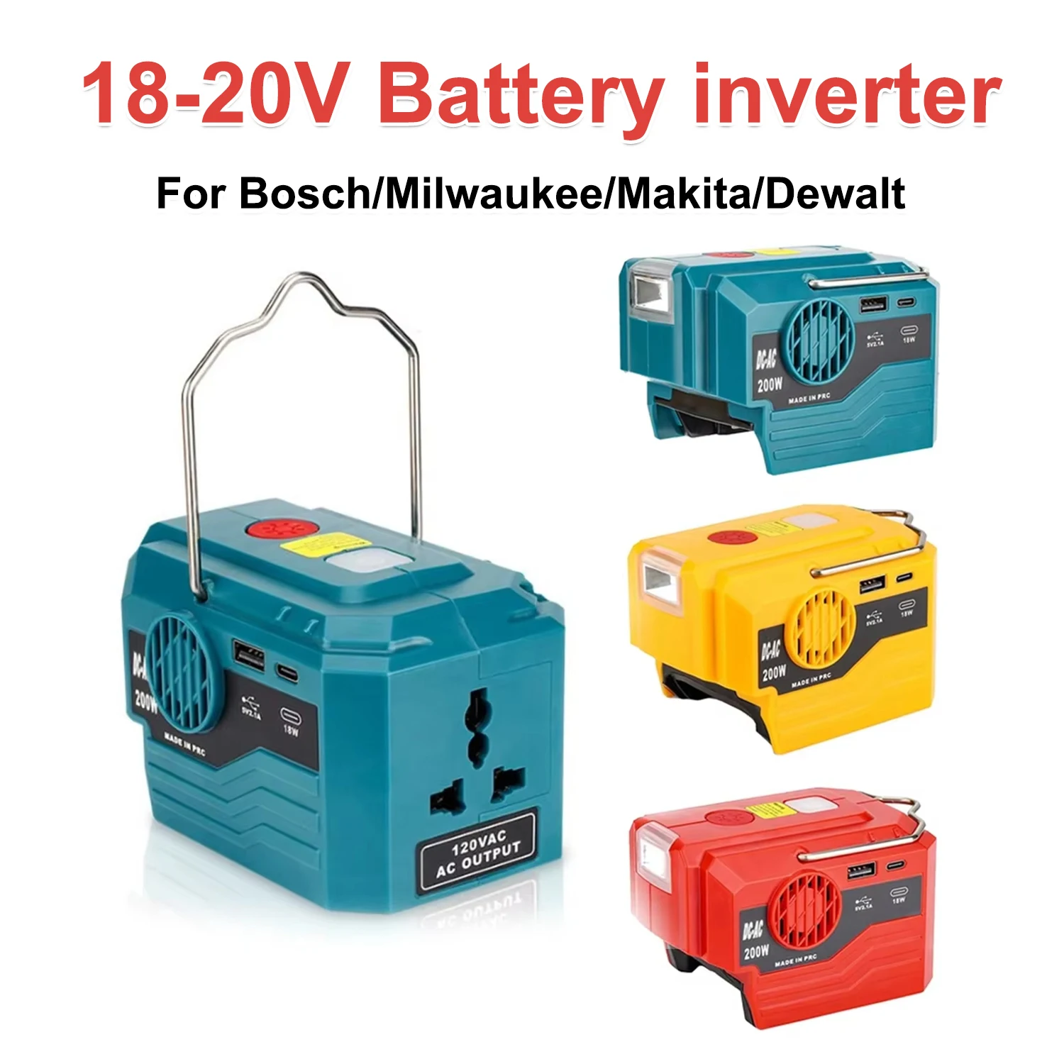 200W Power Inverter Generator for Makita/Dewalt/Milwaukee/Bosch 18V Battery To 120V/220V AC Output USB and Type-C Adapter New