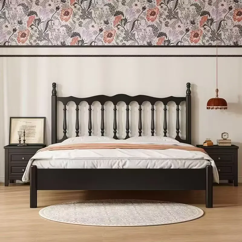 Retro Solid Wood Bed Black Light Modern Master Bedroom Single Double Size Bedding Set