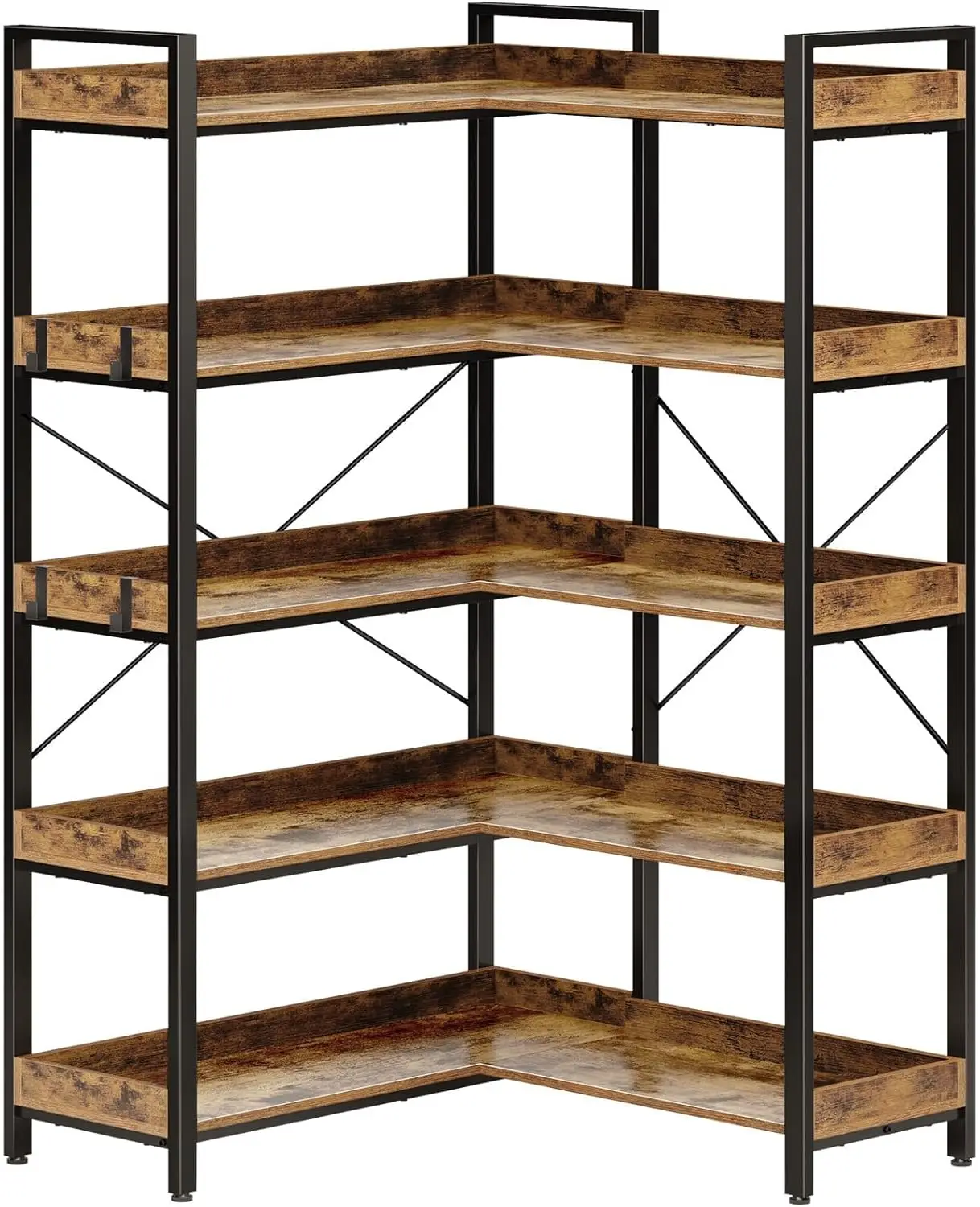 Rolanstar Bookshelf 5 Tier with 4 Hooks, Reversible Corner Bookshelf, 65" Industrial Wooden Bookcase with Open Shelves