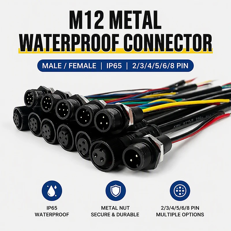 5PCS M12 IP65 Waterproof Connector Male Panel Mount Receptacle Female Cable Plug 2/3/4/5/6/8 Pin Metal Head with Pigtail Wire