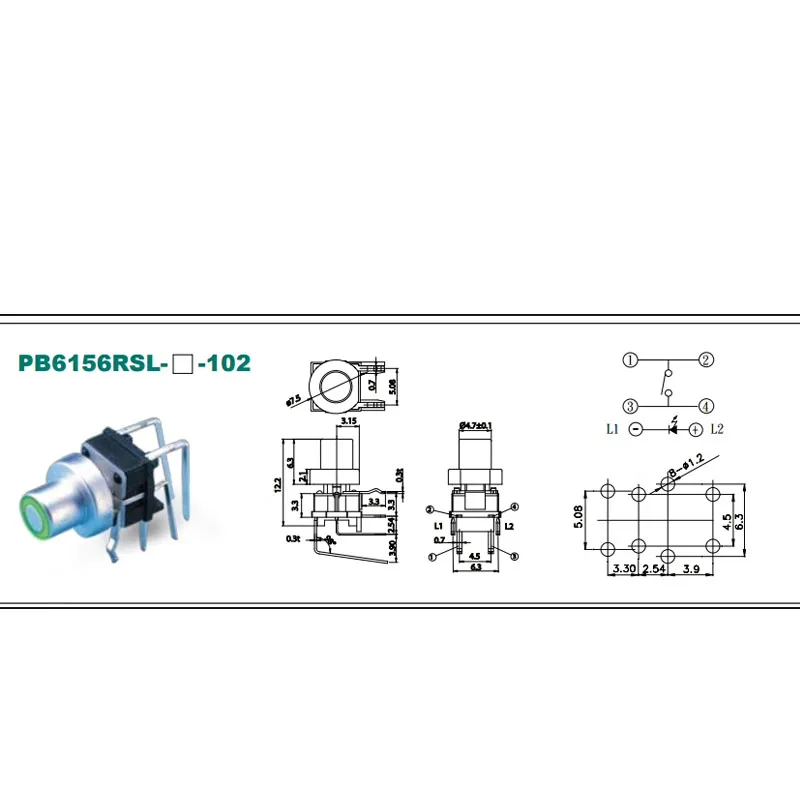 2 قطعة/السلع تايوان عالية PB6156RSL بزاوية الساق مضيئة اللباقة التبديل مع الضوء الأزرق LED ، الجانب الصحافة نوع أفقي IC