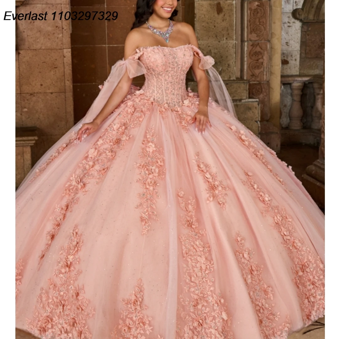 EVLAST Customized Pink Quinceanera Dress Ball Gown Floral Applique Beading Crystal Bow Corset Sweet 16 Vestido De 15 Anos TQD446