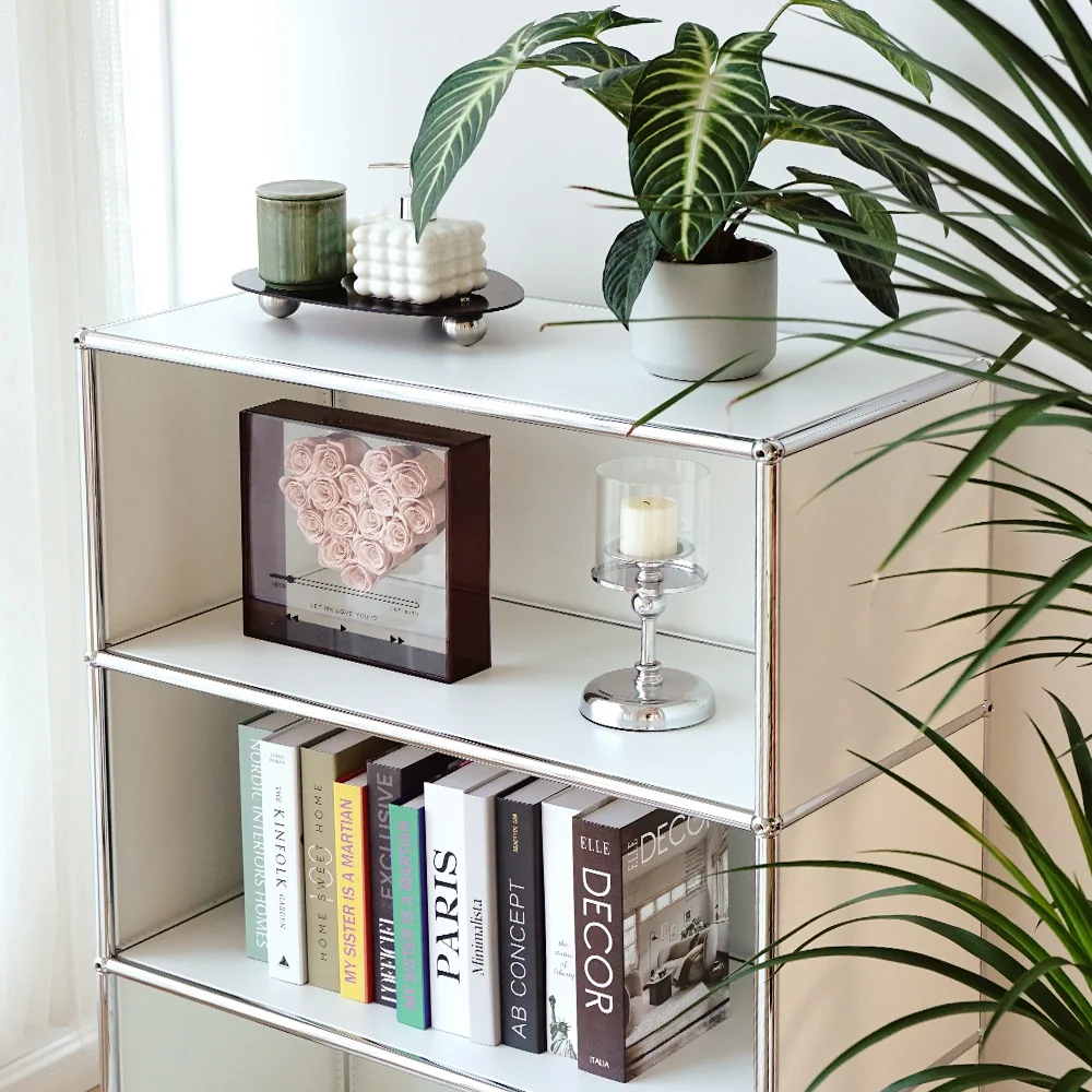 Middle Aged Milky White Three-layer Edge Cabinet with Ins Style, Modern and Simple Bauhaus Stainless Steel Storage Bookshelf