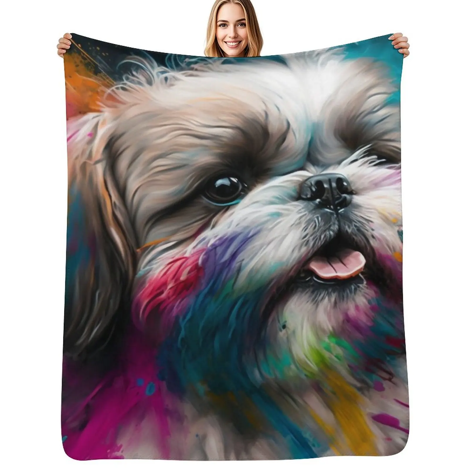 

Shih Tzu Synesthetic Splash Painting Artwork Throw Blanket Warm Accent Blanket for Living Room Decoration