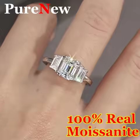 3ct Emerald Cut Women's Moissanite Diamond Ring Set 925 Silver Plate 18k D Color Three Stone Full Moissanite Ring For Women Gift