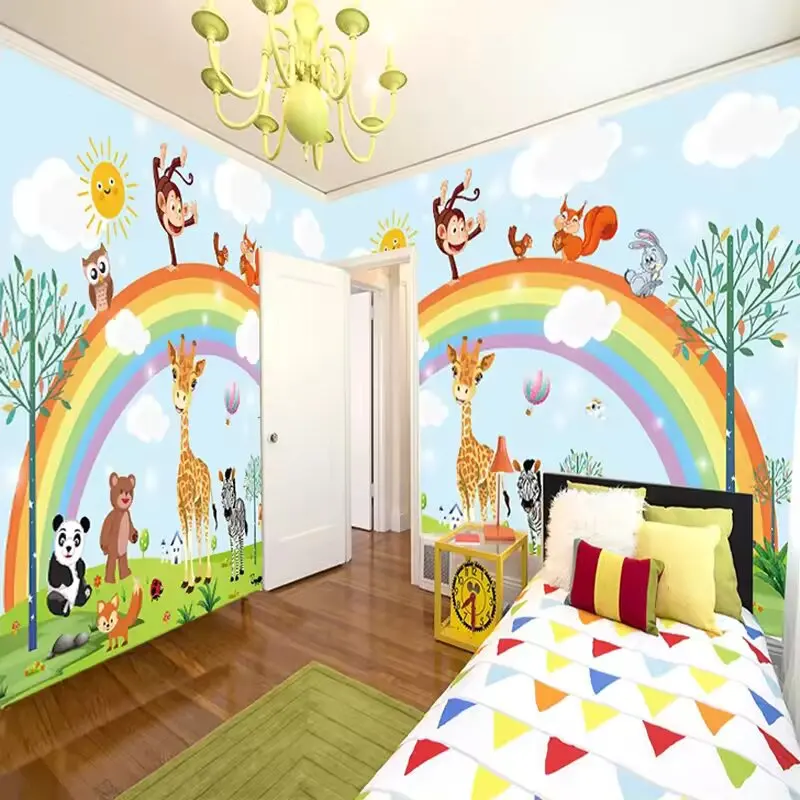 3D Hand Painted Cartoon Rainbow Animal Kindergarten Children Baby Room Bedroom Wardrobe Wallpaper Wall Mural Sticker Home Decor