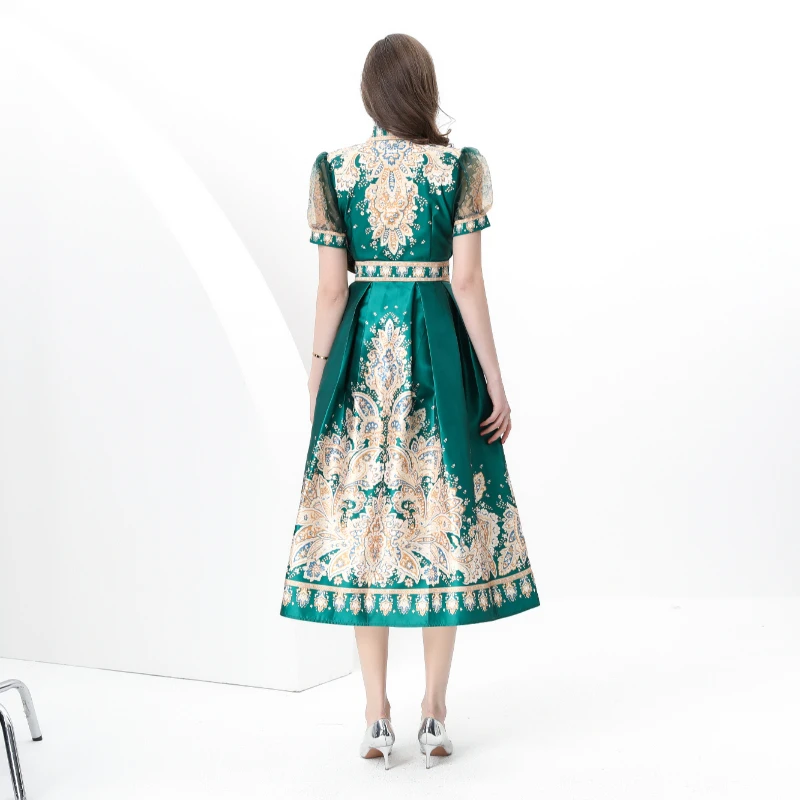 夏秋ヴィンテージ厚いサテン休暇ラップロングドレス女性の V ネックパフスリーブサッシュレースアッププリントドレス