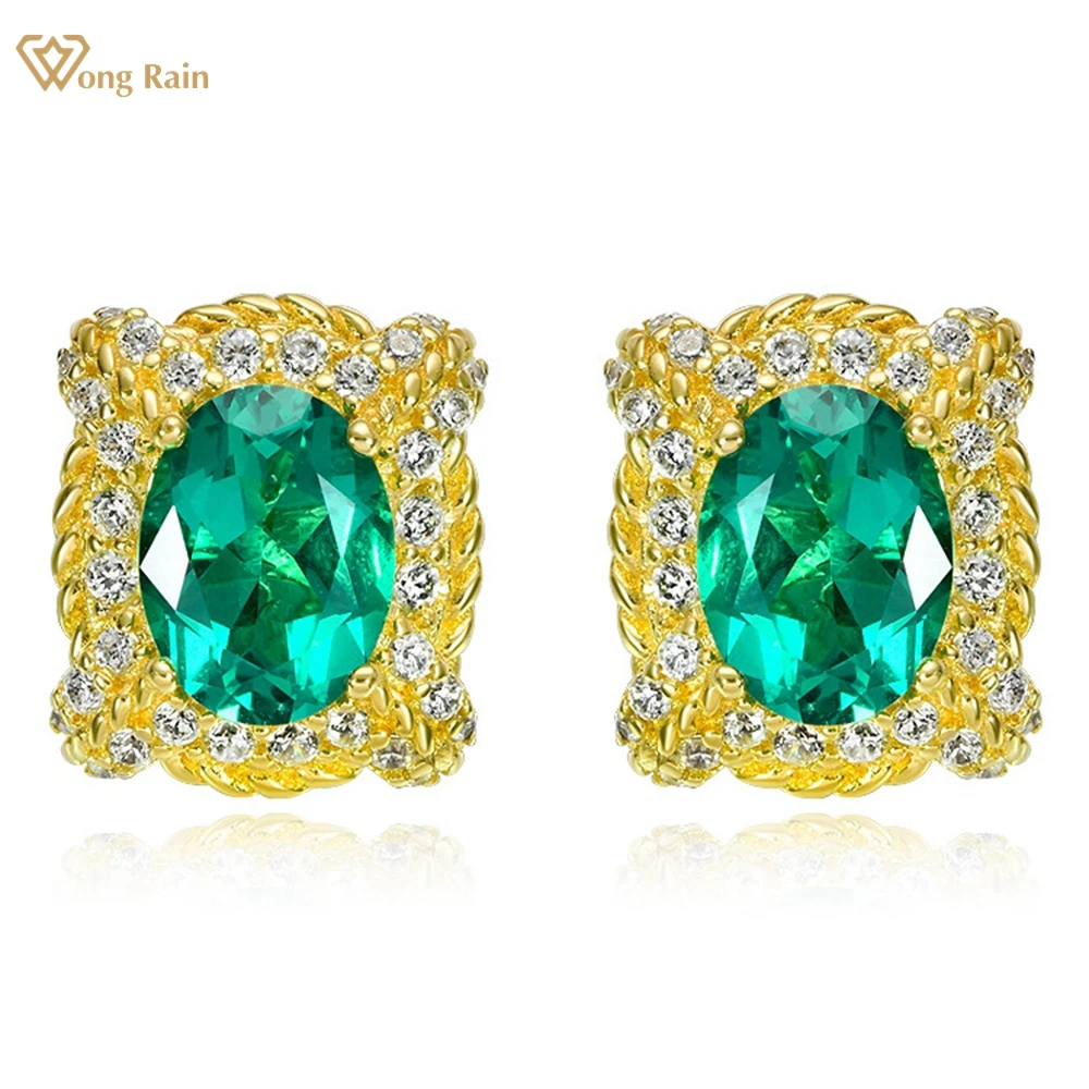 

Wong Rain 18K Gold Plated 925 Sterling Silver Pass Test 2CT Oval Cut Sapphire Emerald Gemstone Ear Studs Earrings Fine Jewelry