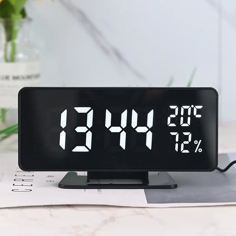 Mirror Digital Alarm Clock with Temperature Humidity 3 Alarms Snooze Desk Table Clock Night Mode 12/24H USB Electronic LED Clock