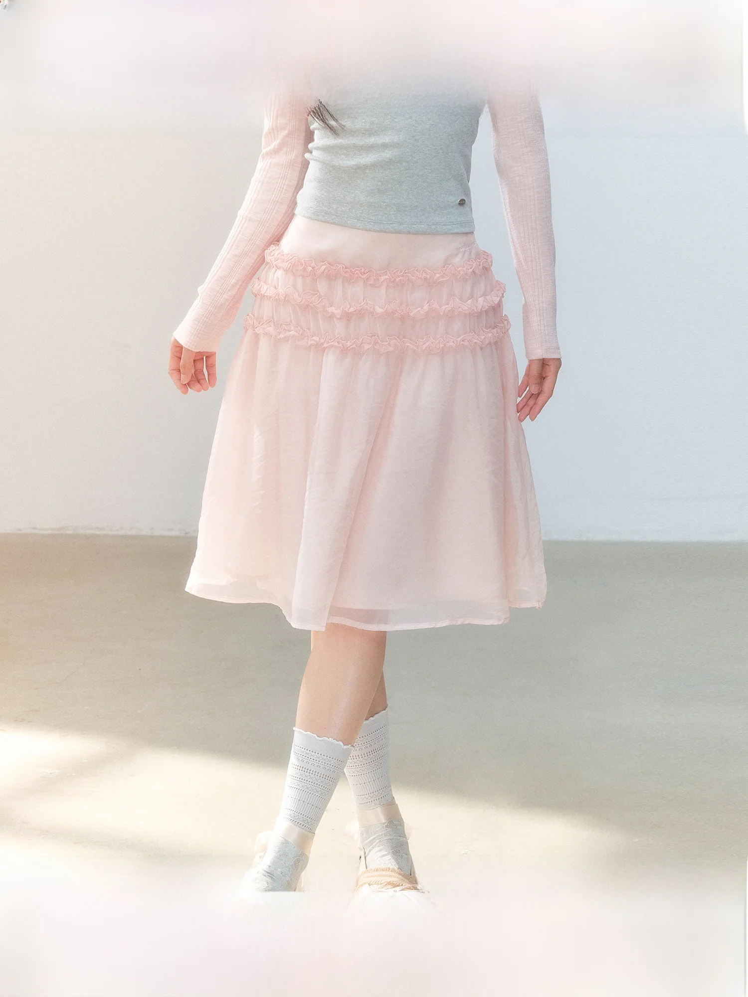 Pink Gauze A-Line  Skirt with Lace Trim Gentle Korean Style Girl Soft Light Earlet Skirt for City Commuting Daily Use