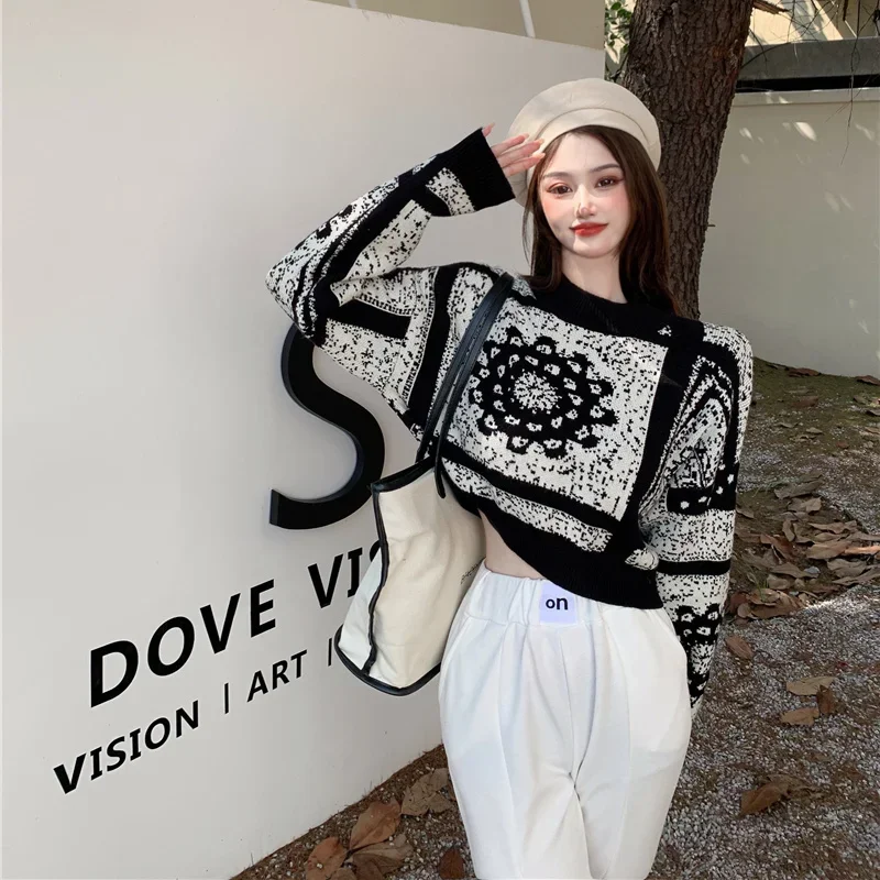 Women\'s Sweater Graphic Short Knit Tops for Woman Crop Pullovers Round O Neck Long Sleeve Crochet Korean Style Winter 2024 Sale