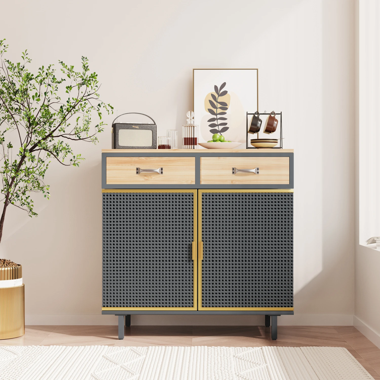 

31.5"Wide 2 Drawer Sideboard, Modern Furniture Decor, Made with Iron+ Carbonized Bamboo, Easy Assembly