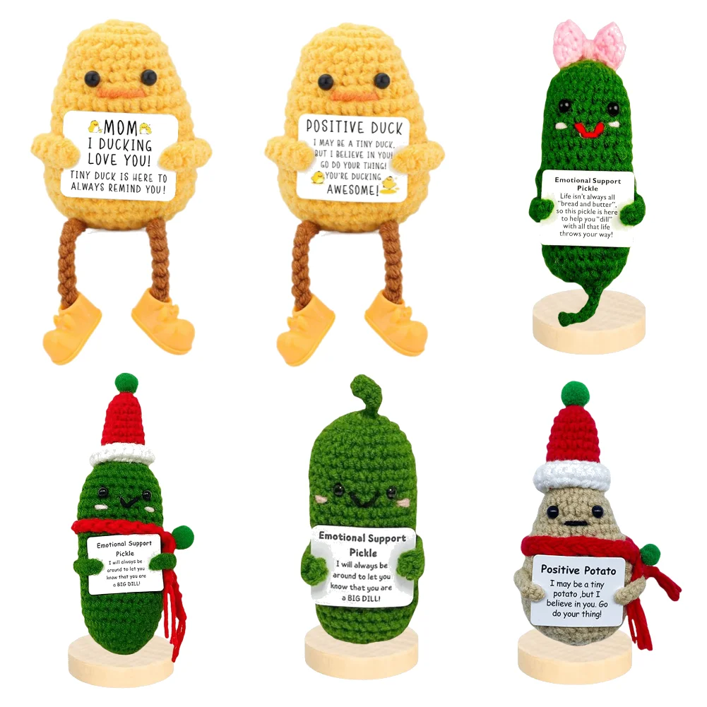Crochet Positive Energy Duck with Card Mini Pocket Hug Handmade Plush Knitted Potatoes Hand-woven Doll Desktop Decor Birthday Gi