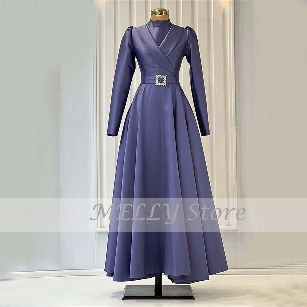 Vestidos de Noite Formal Modern 2023 Mulheres Gola Alta Completa Mangas Prom Vestidos de Cetim Até O Chão A-Line فساتين مناسبة حسب الطلب