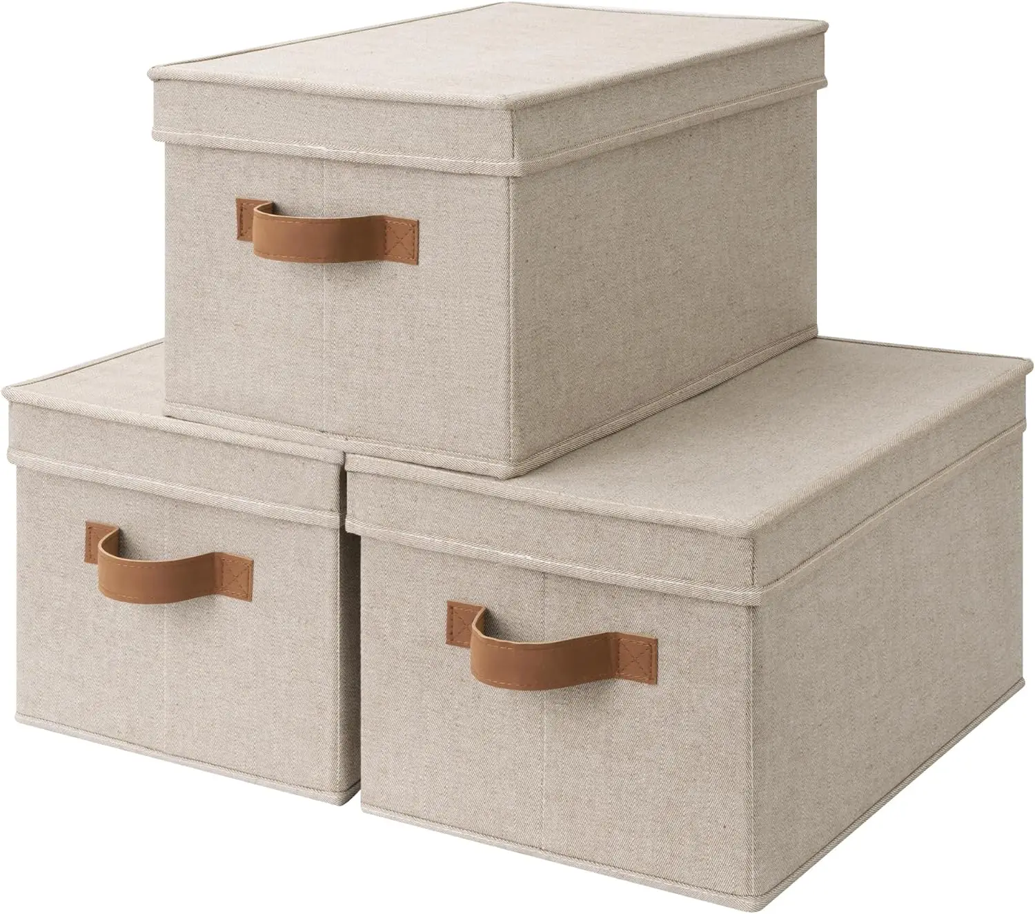 

Storage Bins with Lids, Decorative Storage Boxes with PU Handles, Foldable Storage Baskets for Closet, Shelves, Stackable, Br