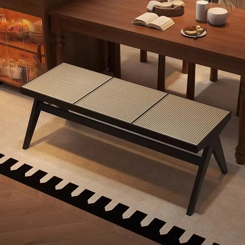 Simple Modern Rattan Stool Solid Wood Shoe Changing Bench Entryway Storage Seat Minimalist Design Home Furniture