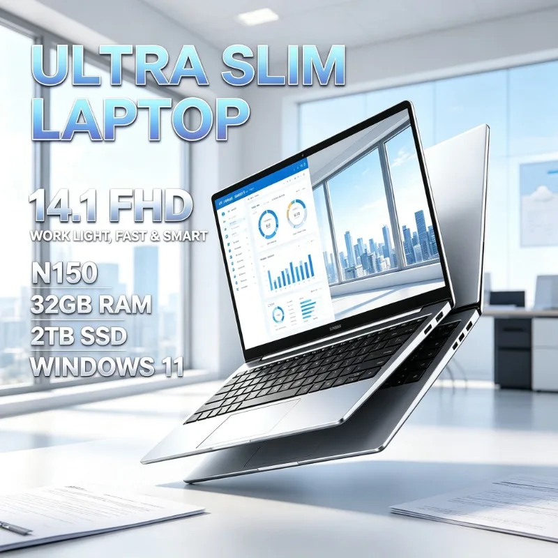Laptop de 14,1 polegadas com ecrã IPS FHD de 120 Hz, processador Intel Core N150, 32 GB de RAM, SSD de 2 TB de alta velocidade, teclado retroiluminado e bateria de longa duração.