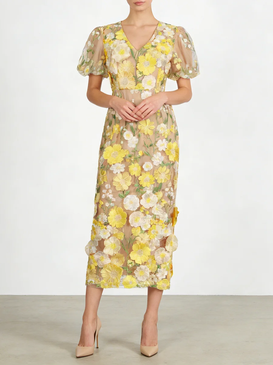 TWOTWINSTYLE 히트 컬러 스플라이스 자수 우아한 여성용 드레스 V넥 반팔 튜닉 패치워크 3D 꽃무늬 드레스