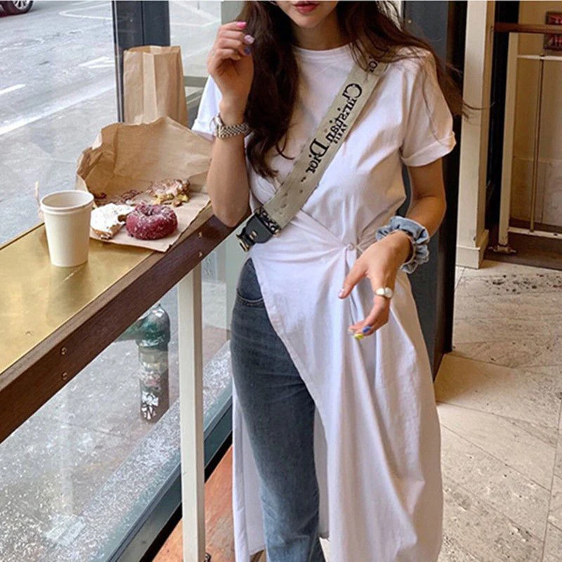 MEXZT L-4Xl T Shirt Dress Women Oversized Slit Irregular White Dresses Summer Korean Streetwear Split Button Pleated Casual Robe