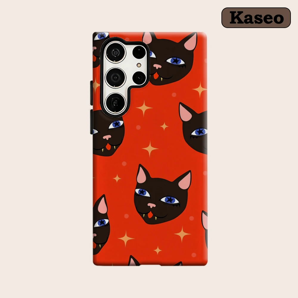 Kaseo Phone Case for Samsung Galaxy S26 S25 Ultra S24 S23 Ultra Plus Shockproof Double Layer Retro Halloween Black Cat Cover