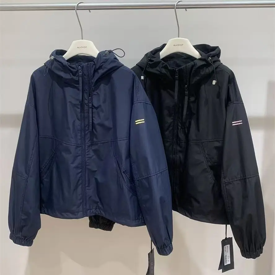 Spring And Autumn Loose Casual Hooded Double Zipper Letter Versatile Slimming Short Jacket For Women