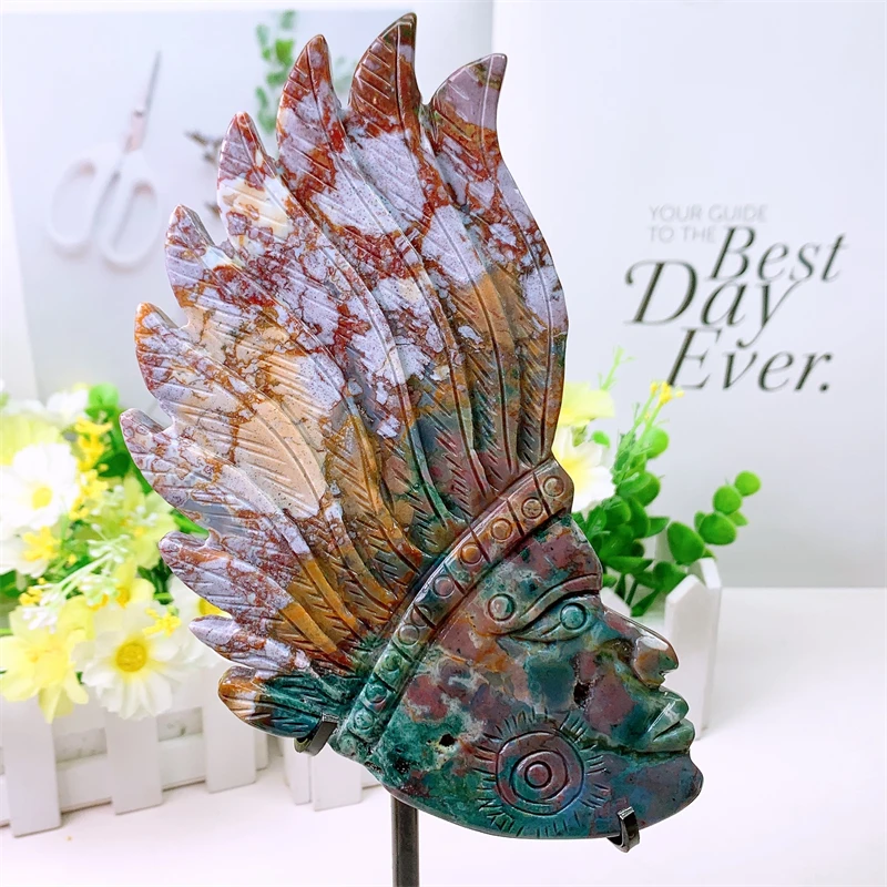Natural Ocean Jasper Lndian Carving Healing Fengshui Chieftain Home Decoration Office Decoration Gift 1PCS