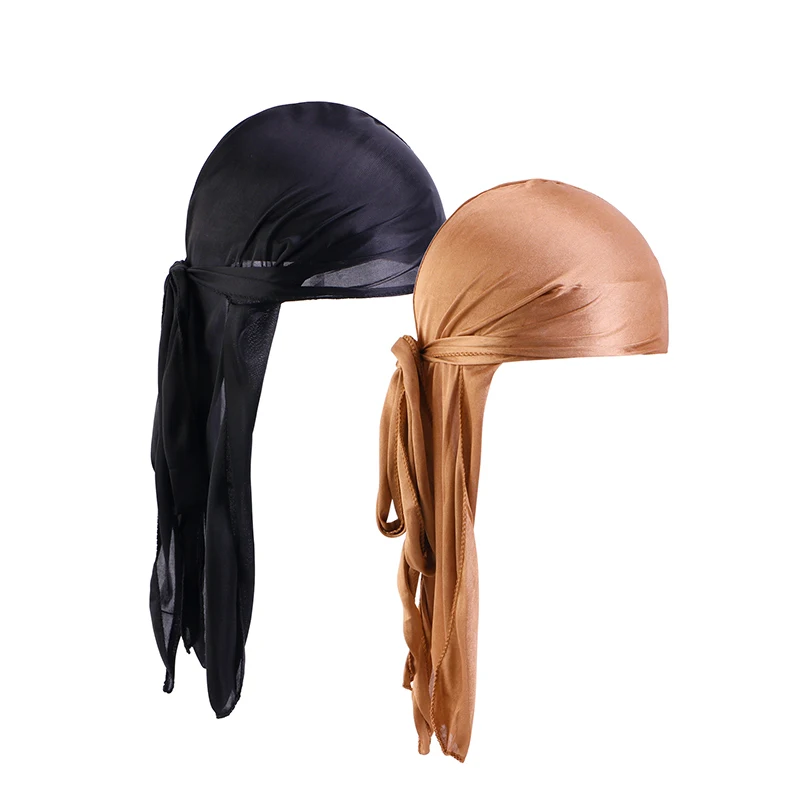 2 TEILE/LOS Unisex Männer Frauen Satin Atmungsaktive Seidige Durag Long Tail Doo Rag Piraten Hut Stirnband Turban Bandana Durag Kopfbedeckung – Detail 5