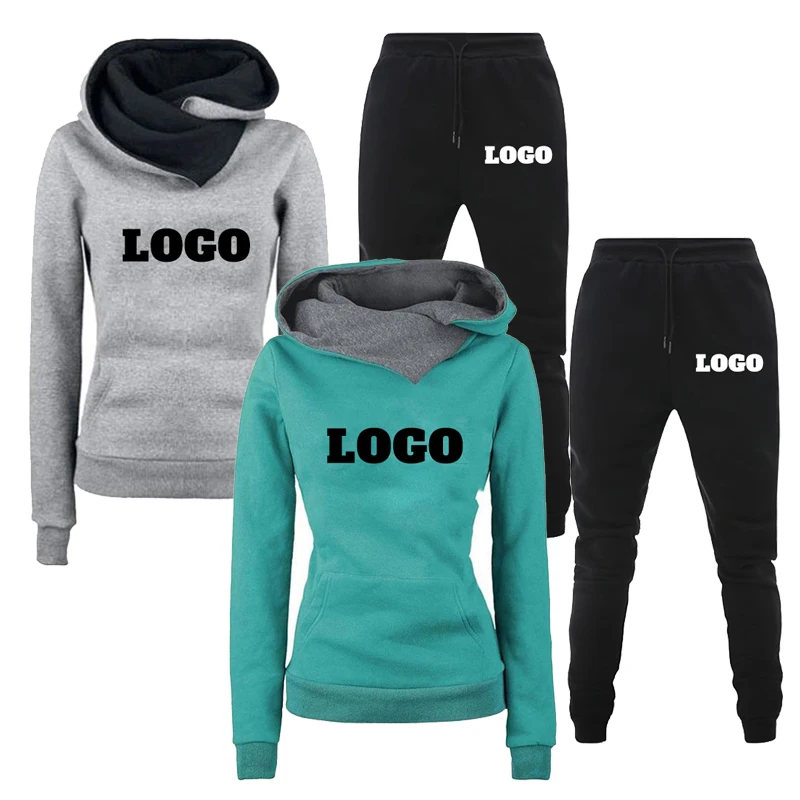 Fatos de treino com logotipo personalizado feminino, pulôver com capuz, moletom, moletom, calças casuais, roupas esportivas, ternos femininos