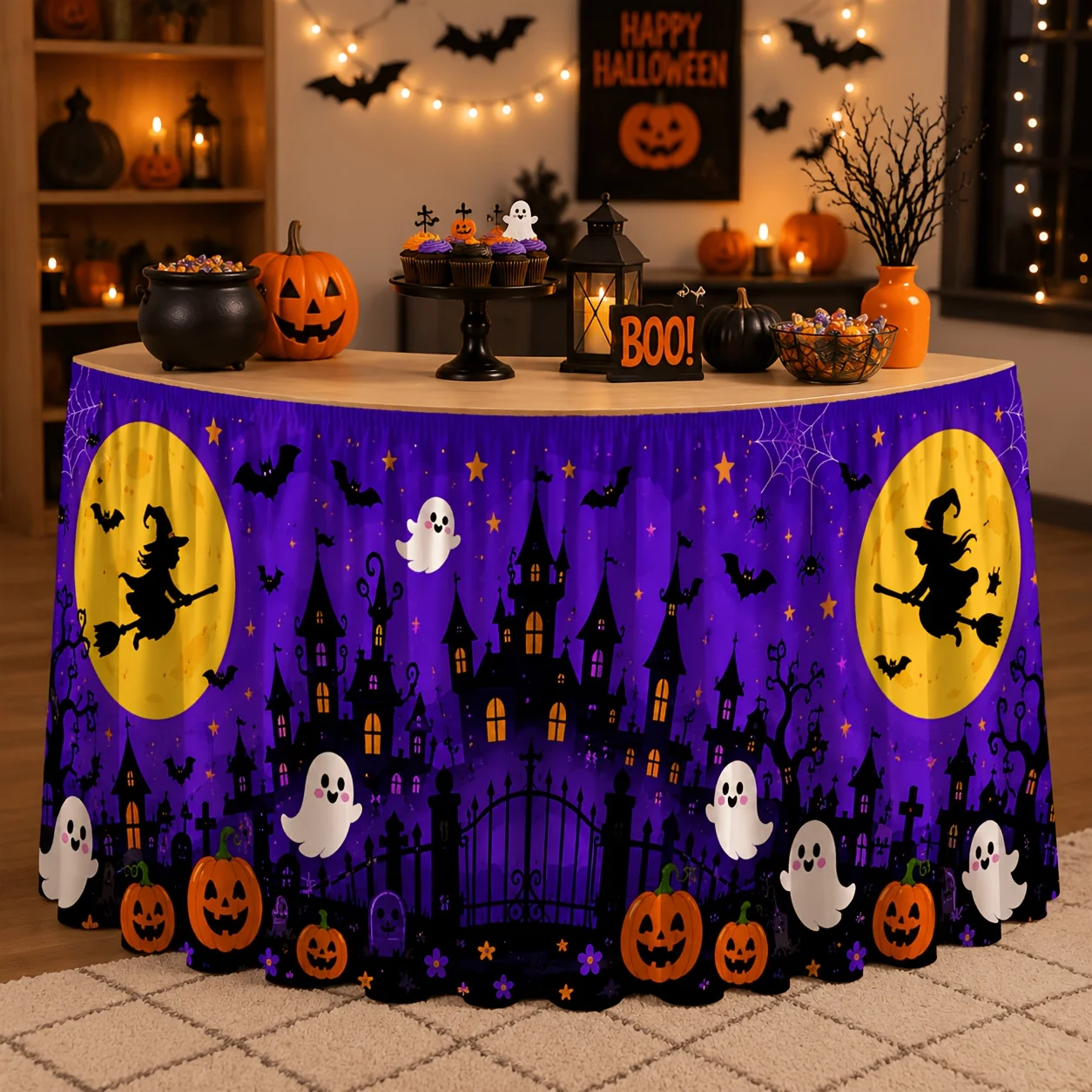One tablecloth or table skirt. Purple night-time cartoon Halloween table skirt. Witch silhouette. Ghost lantern. Pumpkin.zyc
