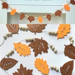 1pc Fall Leaves Garland, Brown Autumn Colors Banner, Felt Leaves and Wood Beads, Maple Leaf Oak Decoration, Thanksgiving Decor