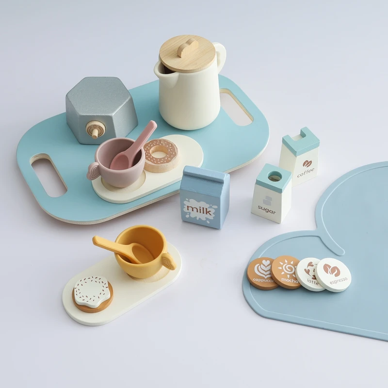 Montessori Wooden Coffee Afternoon Tea Set Toy Kid Simulation Kitchen BPA Free Silicone Teapot Teacup Early Educational Toy Gift