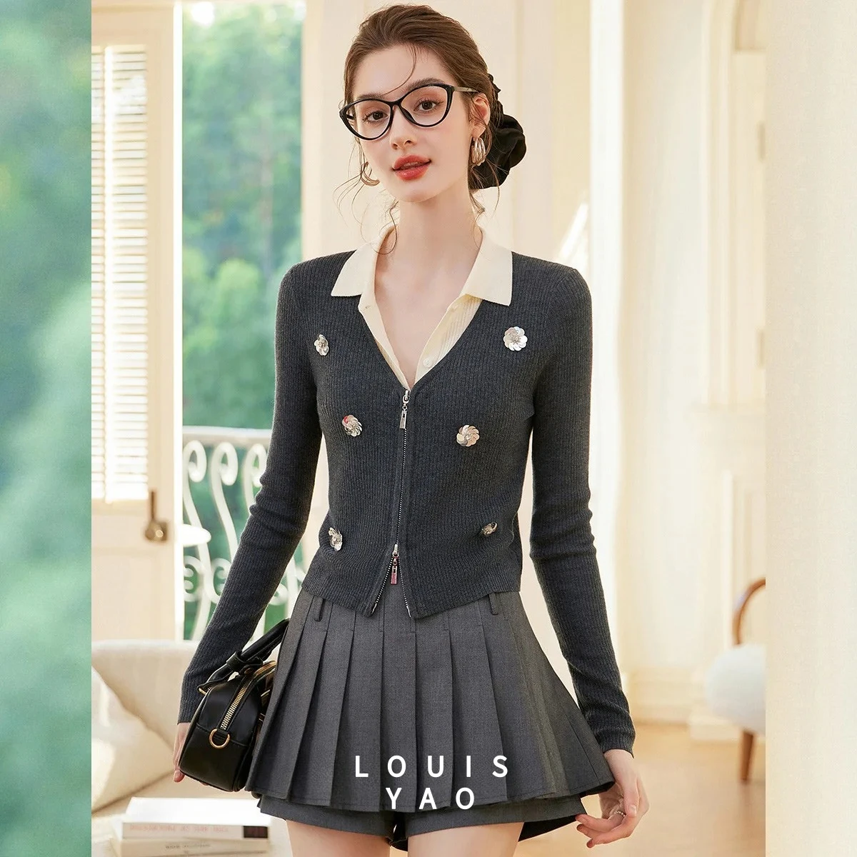 

LOUISYAO Faux Two-Piece Beaded Long Sleeve Cardigan Coat 2025 Autumn Micro-Stretch Knitwear Patchwork Women's Knitted