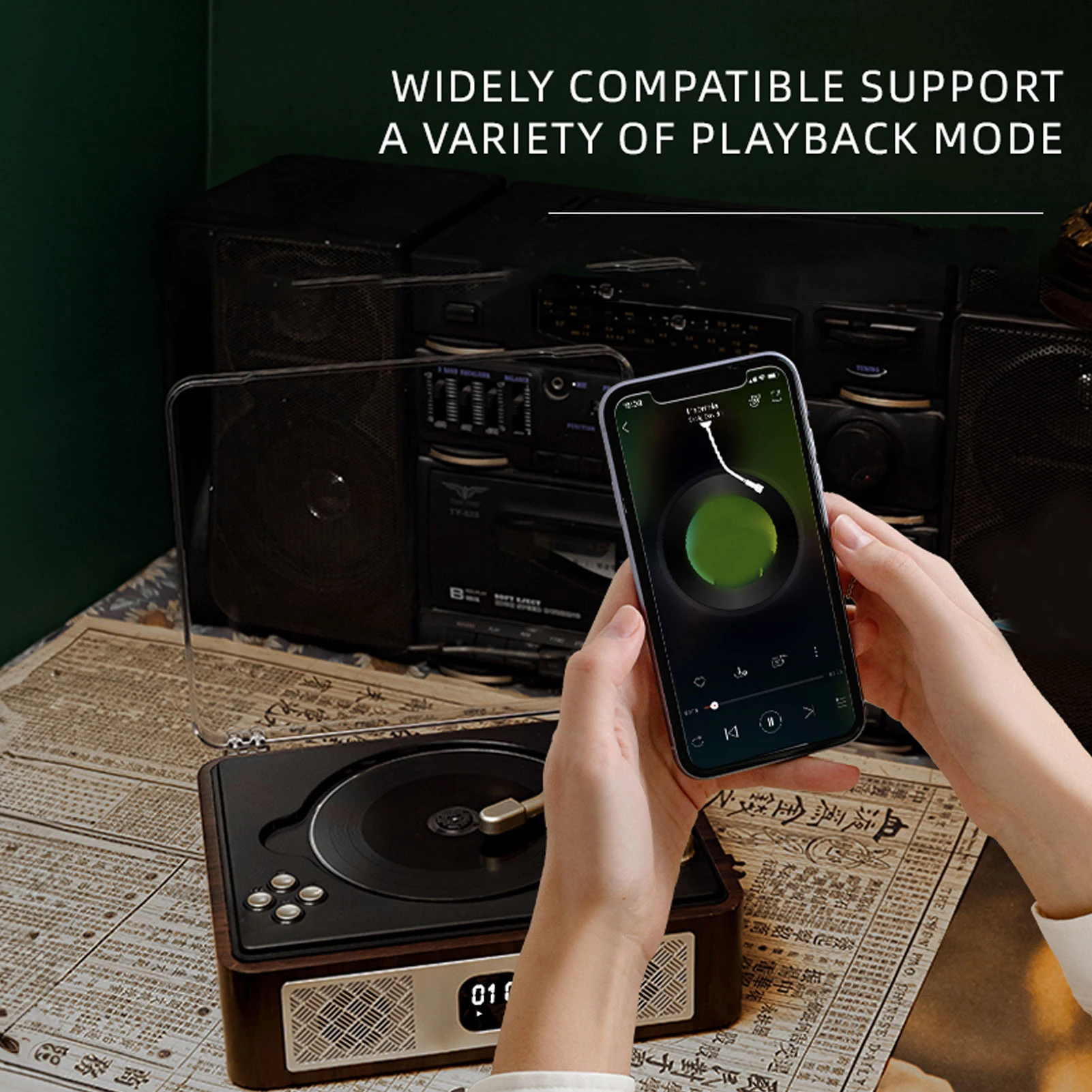 데스크탑 CD 플레이어 빈티지 CD 플레이어 듀얼 HiFi 스피커 BT 데스크탑 CD 플레이어 SPDIF USB AUX 지원 충전식 배터리 나무 케이스