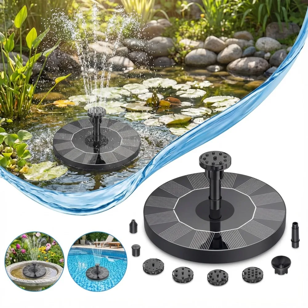 Fuente Solar para Exteriores, Fuente de Agua Solar con 6 Boquillas, Varias Funciones de Agua y 4 Barras Estabilizadoras, Baño para Pájaros de Jardín DIY