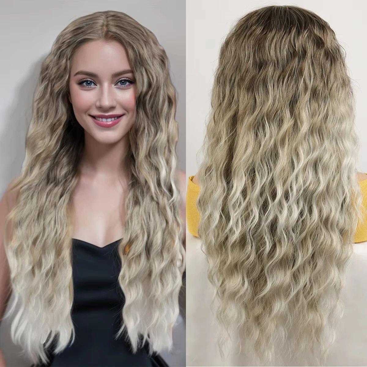 

Cosplay Ash Blonde Wig Long Curly Synthetic 4*1 Lace Front Wigs for Women Fluffy Hairstyle Wavy Ombre Blonde Wig 28 Inch Women