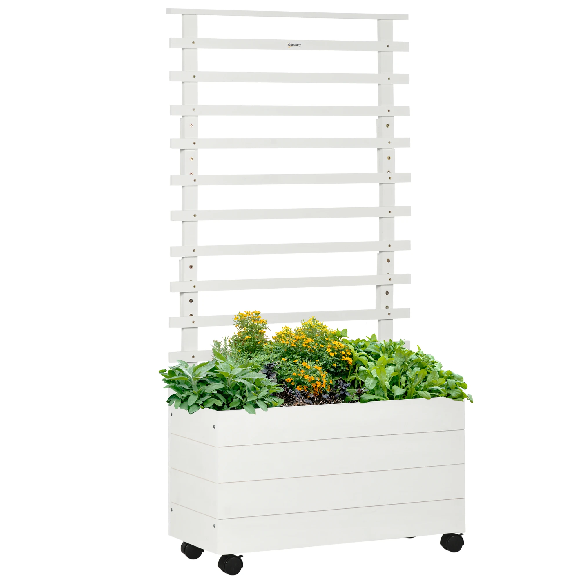 Outsunny 4 wheels solid wood trellis planter with climbing stand garden planter and geotextile fabric for growing plants flowers 76x30x155 cm White