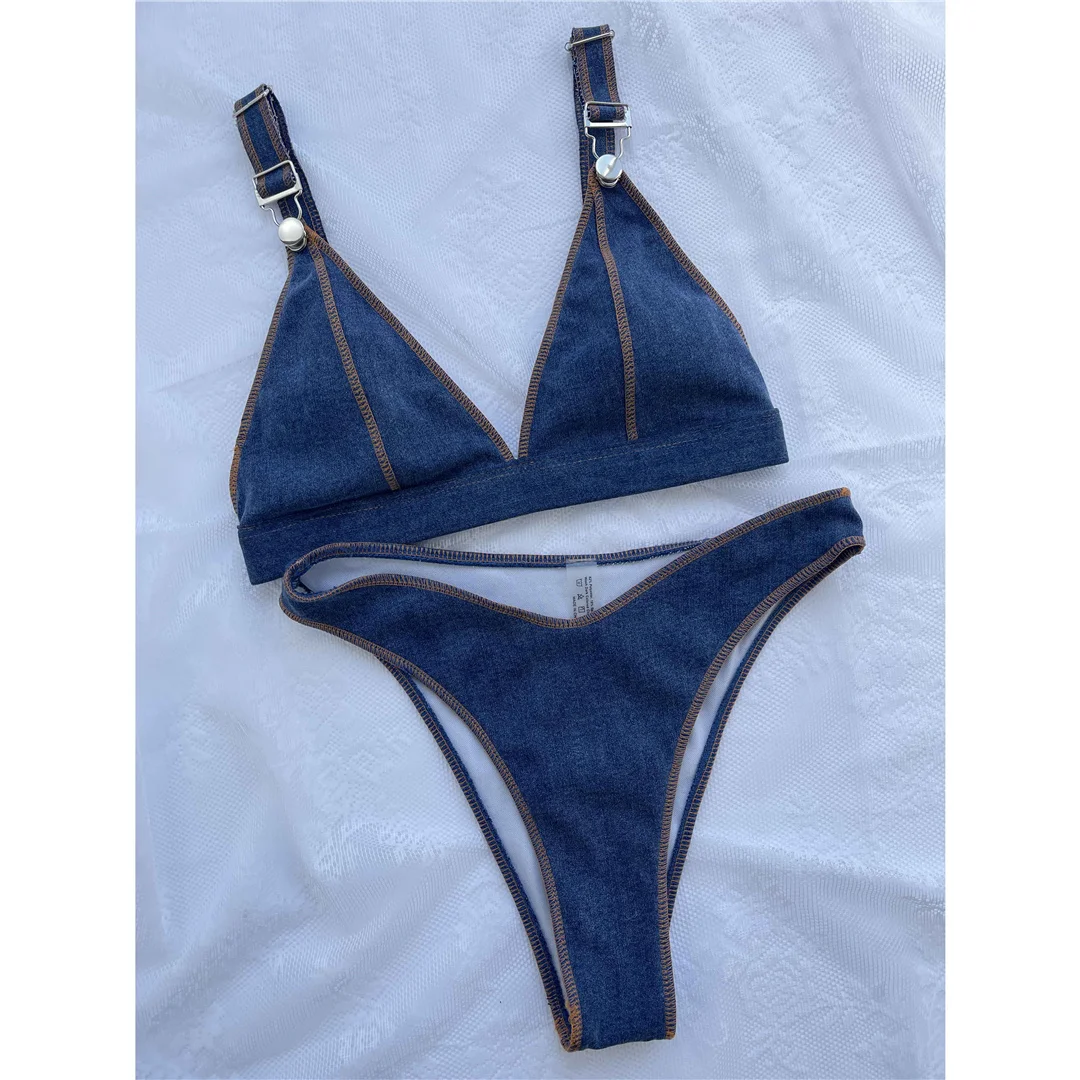 Damen-Badebekleidung, sexy, denimfarben, brasilianischer Schnitt, hoch geschnittener Bikini, zweiteiliger Bikini-Set, Badeanzug, Badebekleidung, Modell V4498. – Detail 9